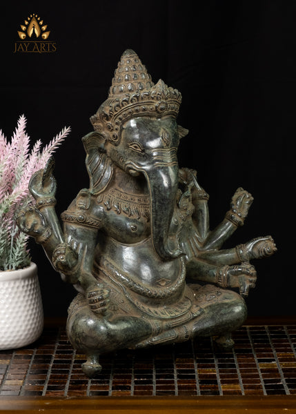 13” Khmer Style Bronze Ganesh with Intricate Details Hindu God of Wisdom