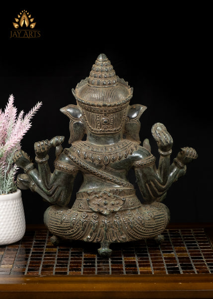 13” Khmer Style Bronze Ganesh with Intricate Details Hindu God of Wisdom