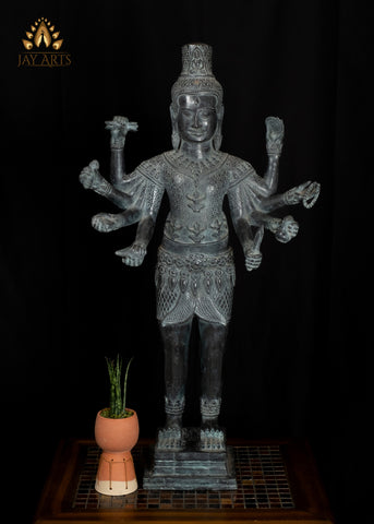 33" Bronze Standing Shiva with Eight Arms Remarkable Fusion of Hindu and Khmer Artistry