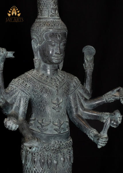 33" Bronze Standing Shiva with Eight Arms Remarkable Fusion of Hindu and Khmer Artistry