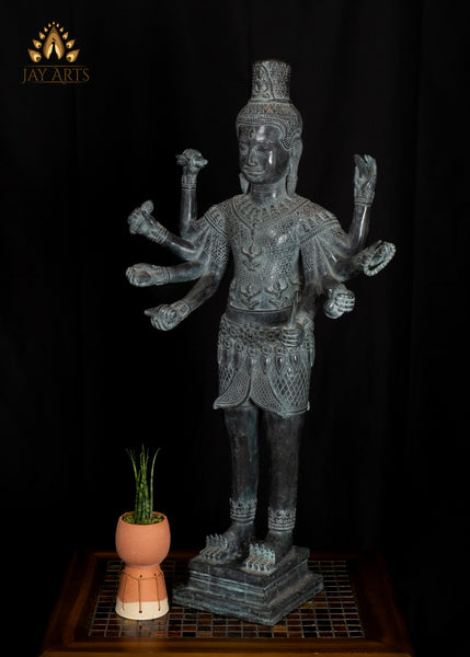 33" Bronze Standing Shiva with Eight Arms Remarkable Fusion of Hindu and Khmer Artistry