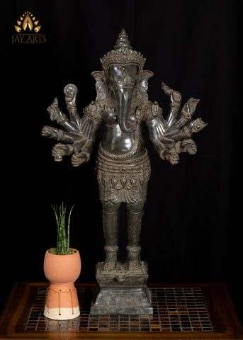 25" Cambodian Exquisite Detailed Standing Ganesh With Ten Arms