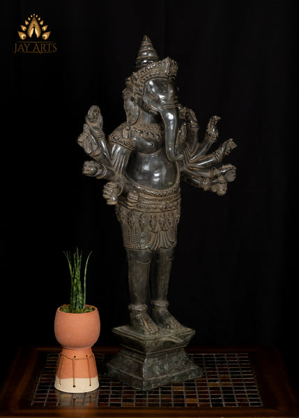 25" Cambodian Exquisite Detailed Standing Ganesh With Ten Arms