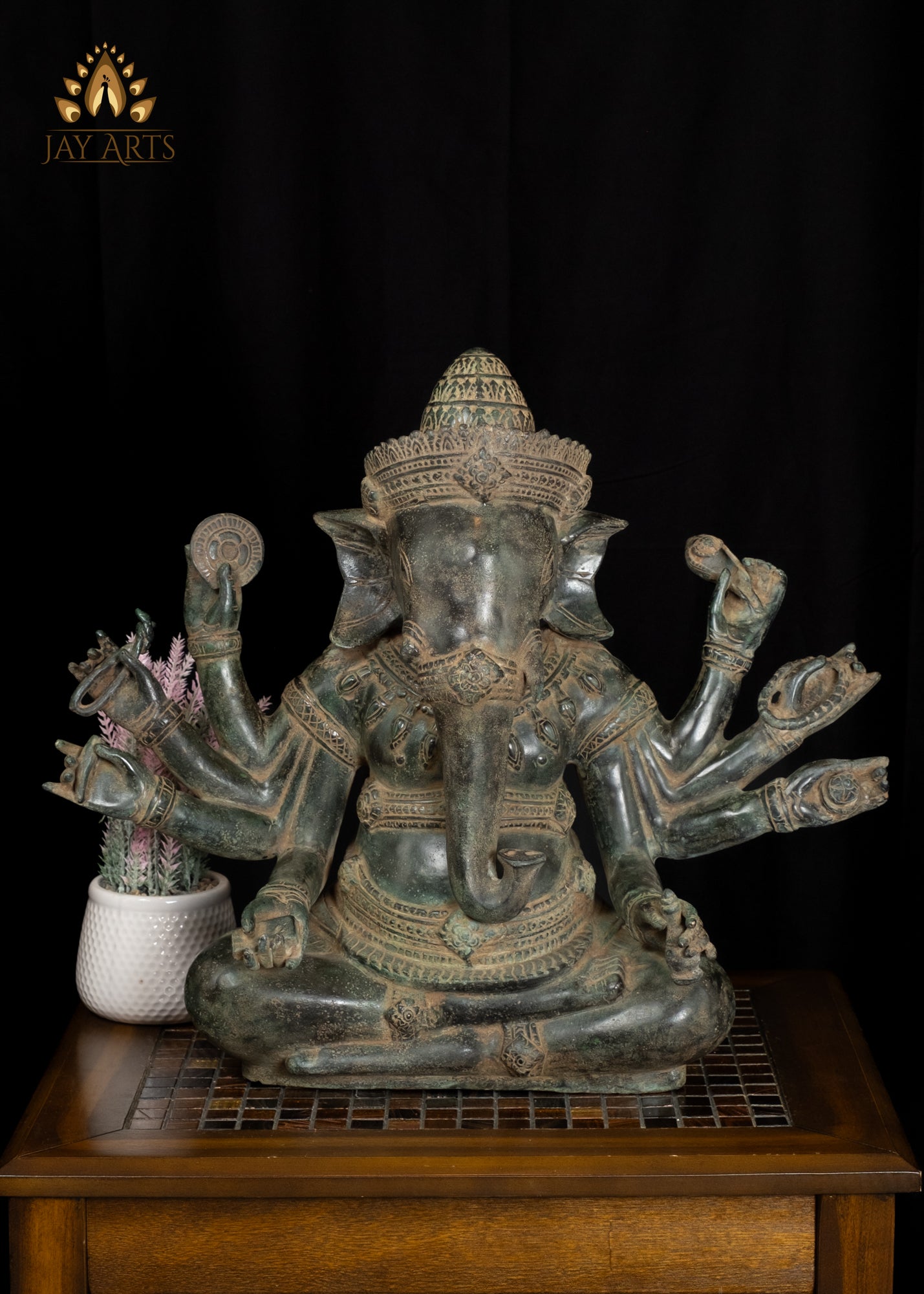 18” Khmer Style Bronze Sitting Ganesh with Eight Arms Elephant Head God