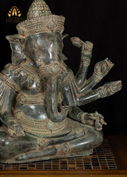 18” Khmer Style Bronze Sitting Ganesh with Eight Arms Elephant Head God