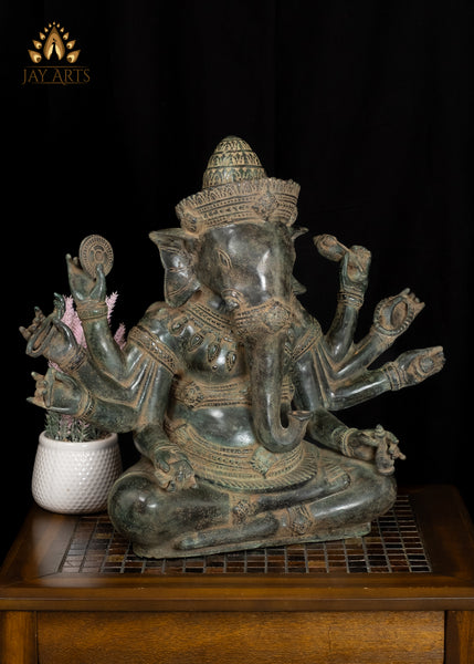 18” Khmer Style Bronze Sitting Ganesh with Eight Arms Elephant Head God