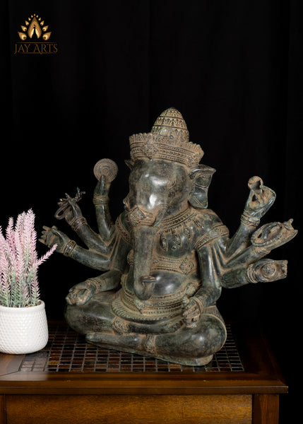 18” Khmer Style Bronze Sitting Ganesh with Eight Arms Elephant Head God