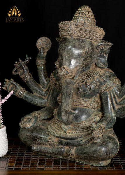 18” Khmer Style Bronze Sitting Ganesh with Eight Arms Elephant Head God