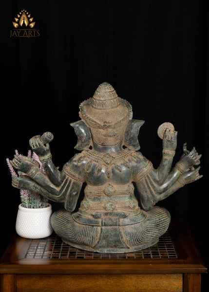 18” Khmer Style Bronze Sitting Ganesh with Eight Arms Elephant Head God