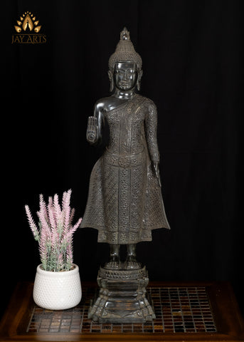 25” Khmer Style Standing Bronze Buddha in Abhaya Mudra