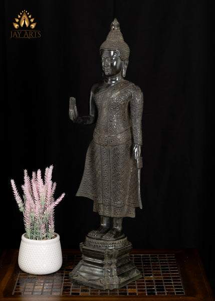 25” Khmer Style Standing Bronze Buddha in Abhaya Mudra