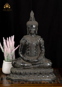 18” Cambodian Buddha in Dhyana Mudra Seated on a Lotus Wearing a Robe with Floral Motifs