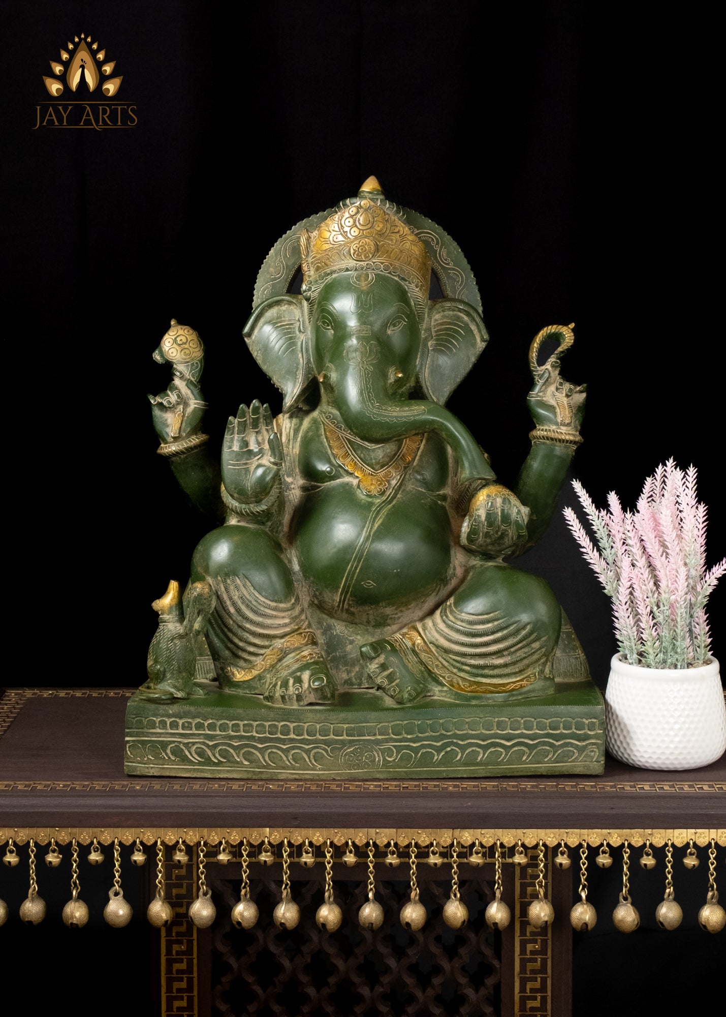 20" Lord Ganapati Seated with a Big Belly in Abhaya Mudra Brass Ganesh Statue