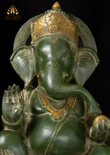 20" Lord Ganapati Seated with a Big Belly in Abhaya Mudra Brass Ganesh Statue