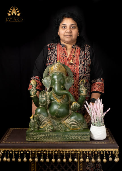 20" Lord Ganapati Seated with a Big Belly in Abhaya Mudra Brass Ganesh Statue