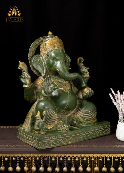 20" Lord Ganapati Seated with a Big Belly in Abhaya Mudra Brass Ganesh Statue