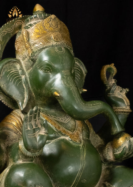 20" Lord Ganapati Seated with a Big Belly in Abhaya Mudra Brass Ganesh Statue