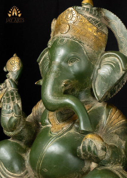 20" Lord Ganapati Seated with a Big Belly in Abhaya Mudra Brass Ganesh Statue