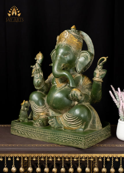 20" Lord Ganapati Seated with a Big Belly in Abhaya Mudra Brass Ganesh Statue