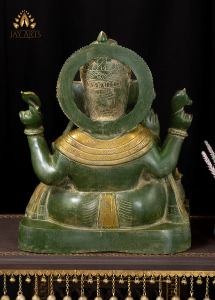 20" Lord Ganapati Seated with a Big Belly in Abhaya Mudra Brass Ganesh Statue