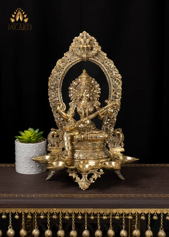 18" Brass Saraswati Devi with 5 Lamps and Elaborate Arch Hindu Goddess of Wisdom and Arts