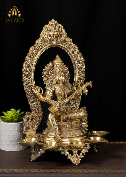 18" Brass Saraswati Devi with 5 Lamps and Elaborate Arch Hindu Goddess of Wisdom and Arts