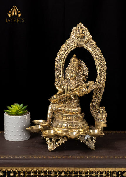 18" Brass Saraswati Devi with 5 Lamps and Elaborate Arch Hindu Goddess of Wisdom and Arts