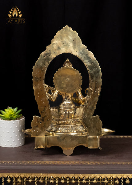 18" Brass Saraswati Devi with 5 Lamps and Elaborate Arch Hindu Goddess of Wisdom and Arts