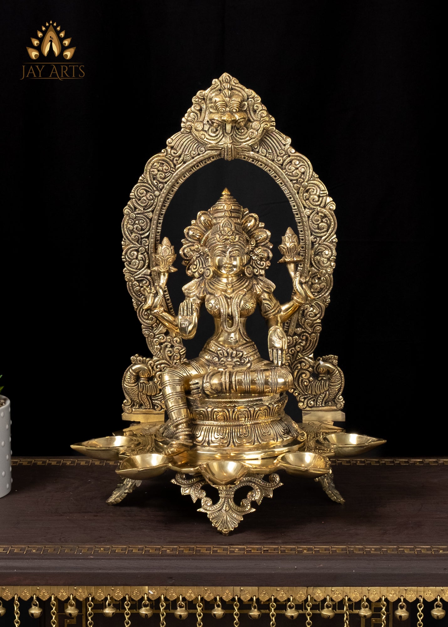 18" Brass Goddess Lakshmi Devi with 5 Lamps and Elaborate Arch Symbol of Wealth and Prosperity