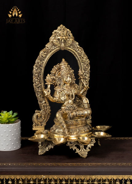 18" Brass Goddess Lakshmi Devi with 5 Lamps and Elaborate Arch Symbol of Wealth and Prosperity