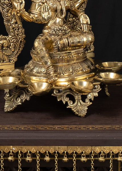 18" Brass Goddess Lakshmi Devi with 5 Lamps and Elaborate Arch Symbol of Wealth and Prosperity