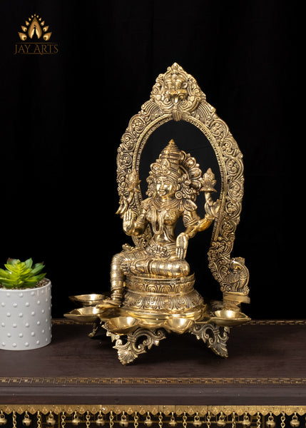 18" Brass Goddess Lakshmi Devi with 5 Lamps and Elaborate Arch Symbol of Wealth and Prosperity