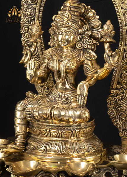 18" Brass Goddess Lakshmi Devi with 5 Lamps and Elaborate Arch Symbol of Wealth and Prosperity