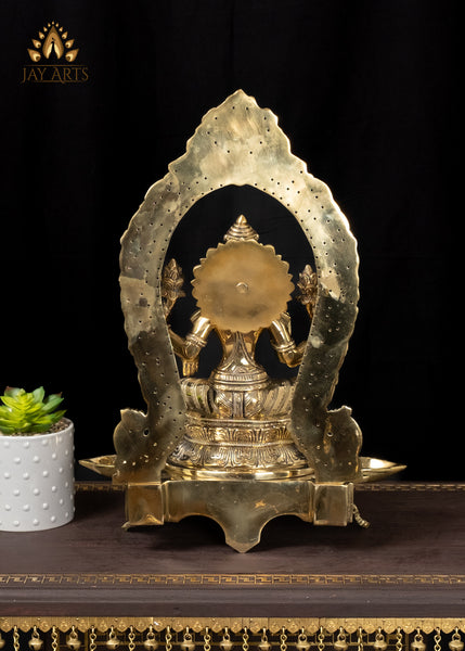 18" Brass Goddess Lakshmi Devi with 5 Lamps and Elaborate Arch Symbol of Wealth and Prosperity