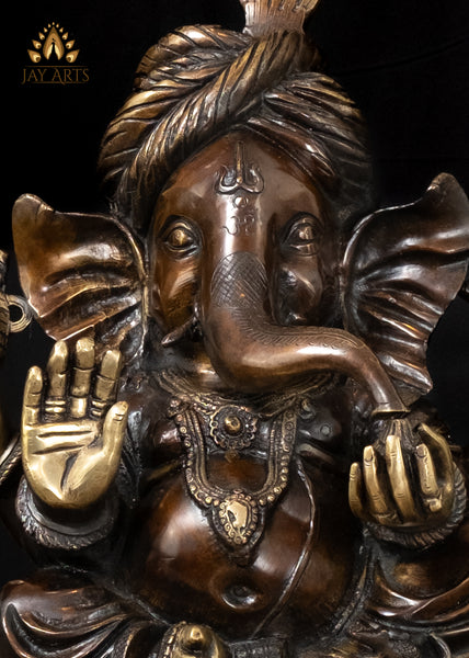 13" Brass Ganesha Wearing a Turban Seated in Abhaya Mudra