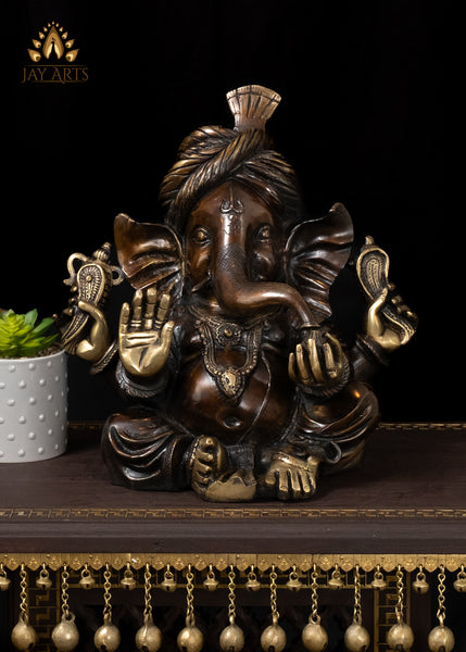 13" Brass Ganesha Wearing a Turban Seated in Abhaya Mudra