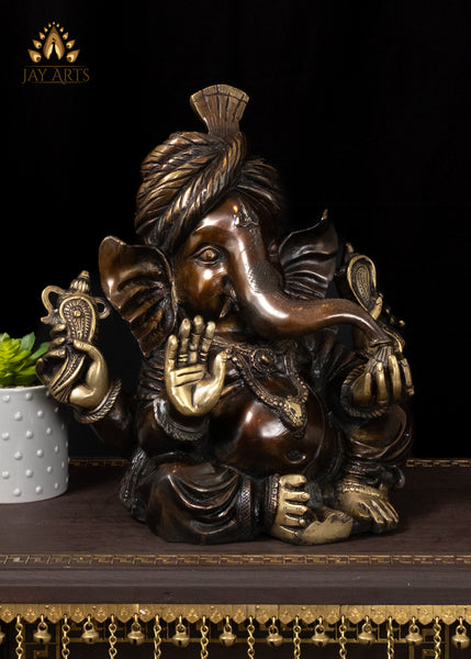 13" Brass Ganesha Wearing a Turban Seated in Abhaya Mudra