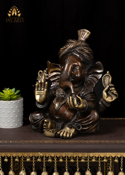 13" Brass Ganesha Wearing a Turban Seated in Abhaya Mudra