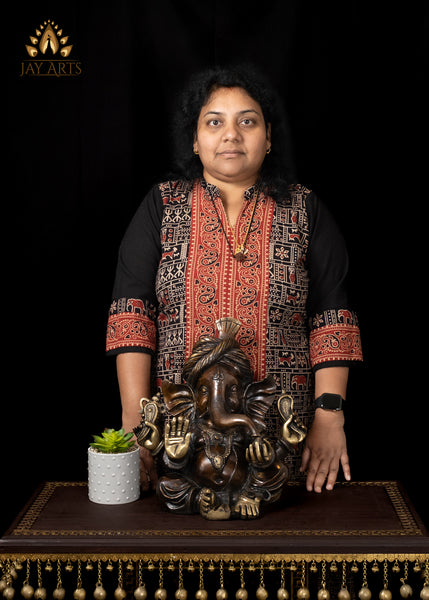 13" Brass Ganesha Wearing a Turban Seated in Abhaya Mudra