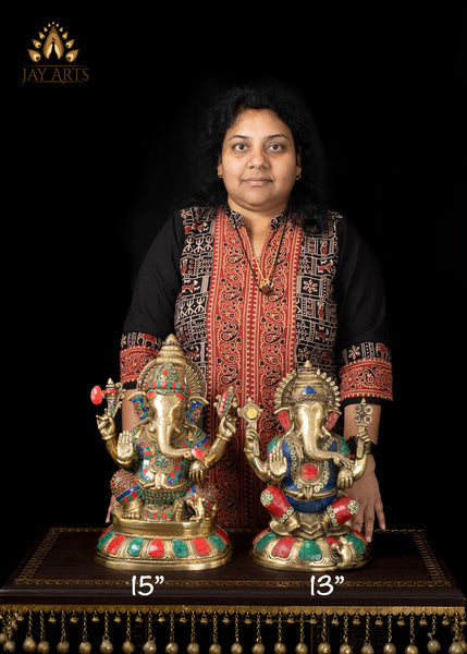 15" Brass Abhaya Ganesh Seated on a Lotus with his Mouse