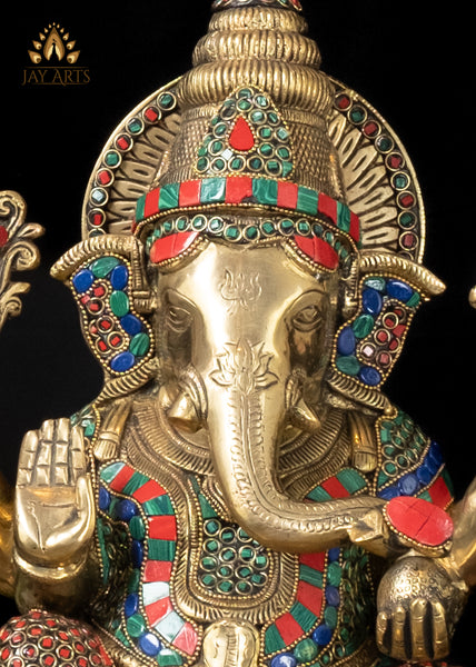 15" Brass Abhaya Ganesh Seated on a Lotus with his Mouse