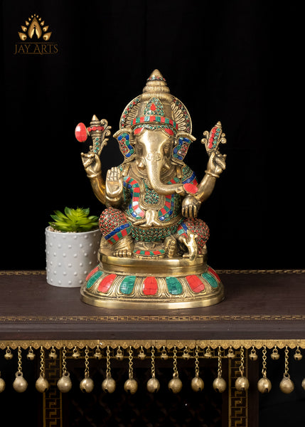 15" Brass Abhaya Ganesh Seated on a Lotus with his Mouse