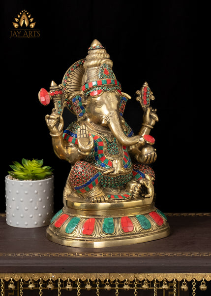 15" Brass Abhaya Ganesh Seated on a Lotus with his Mouse