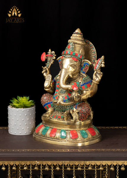 15" Brass Abhaya Ganesh Seated on a Lotus with his Mouse