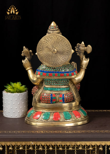 15" Brass Abhaya Ganesh Seated on a Lotus with his Mouse