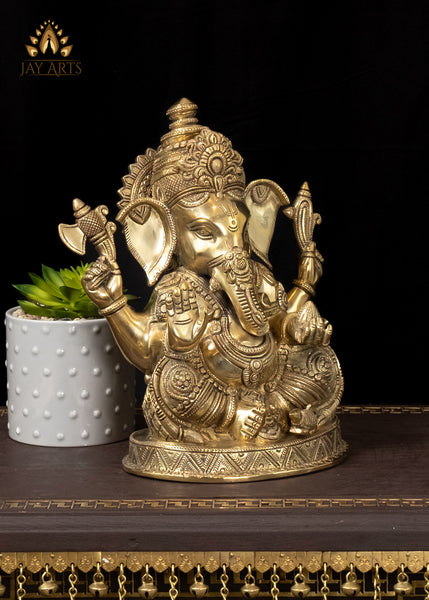 10" Bhagwan Ganesh Seated on a Pedestal with Fine Intricate Details