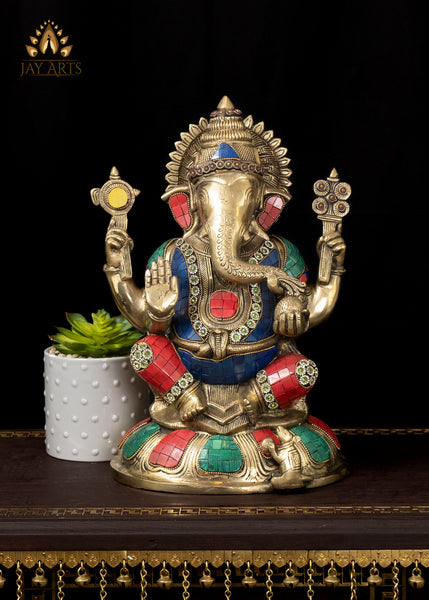 13" Brass Bhagwan Ganapati in Blessing Gesture Seated on a Lotus with his Rat