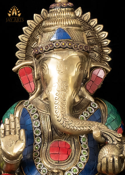 13" Brass Bhagwan Ganapati in Blessing Gesture Seated on a Lotus with his Rat