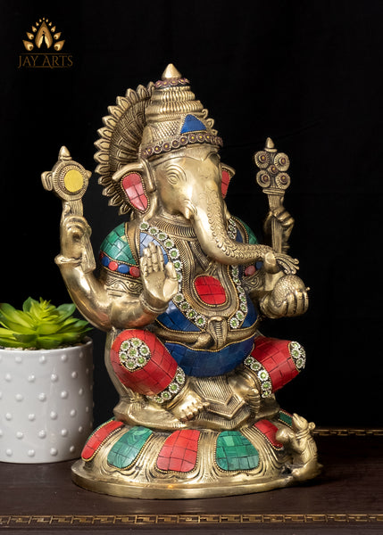 13" Brass Bhagwan Ganapati in Blessing Gesture Seated on a Lotus with his Rat