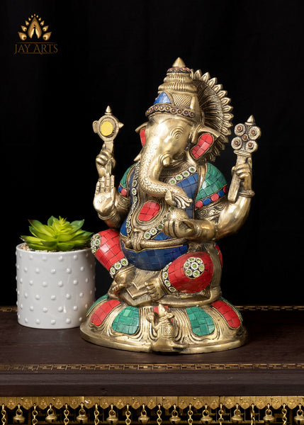 13" Brass Bhagwan Ganapati in Blessing Gesture Seated on a Lotus with his Rat